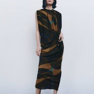 Zara Dress Women's M Multicolored Draped Limited Edition Knots Pleats Flowy Midi